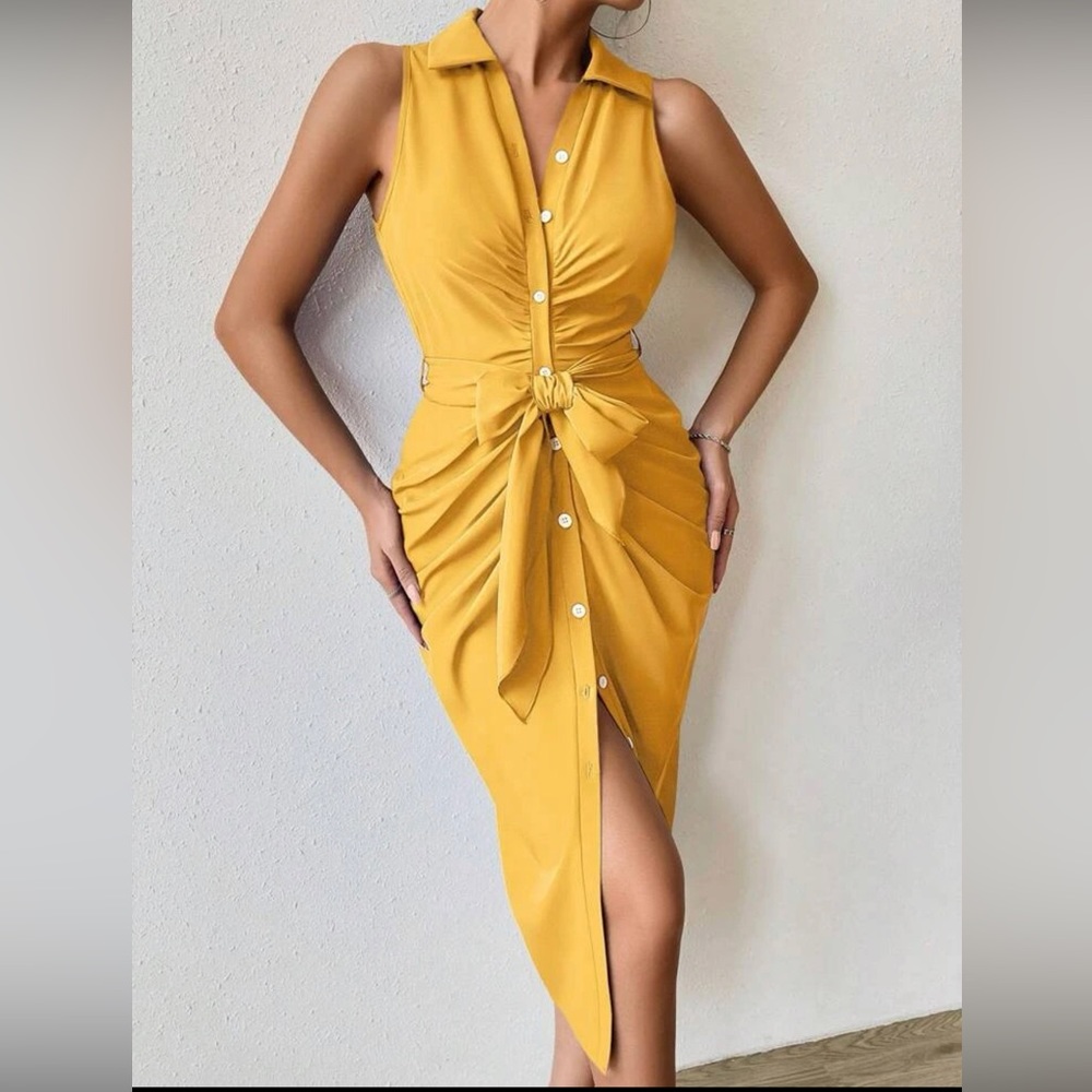 SHEIN Privé Solid Button Front Belted Shirt Dress